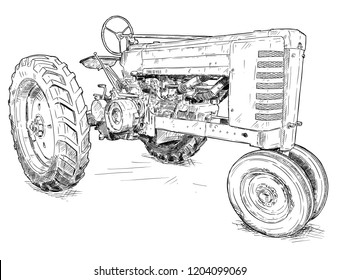 Vector artistic pen and ink drawing of old tractor. Tractor was made in Iowa, USA or US between 1934 and 1952 or 30's, 40's , 50's.