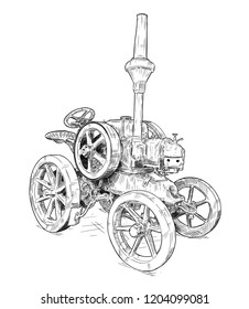 Vector artistic pen and ink drawing of old tractor. Tractor was made in Germany in 1923 or 20's.
