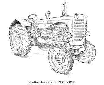 Vector artistic pen and ink drawing of old tractor. Tractor was made in Scotland, United Kingdom in between 1954 - 1958 or 50's.