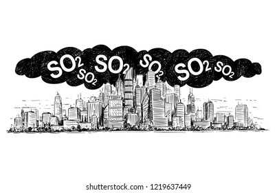 Vector artistic pen and ink drawing illustration of high rise building and smog covering the city. Environmental concept of toxic and deadly sulfur dioxide or SO2 air pollution.