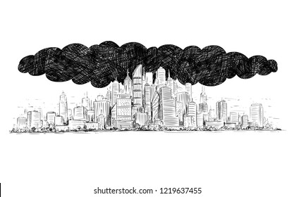 Vector artistic pen and ink drawing illustration of high rise building and dark smoke cloud covering the city by air pollution.