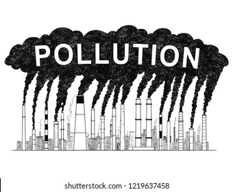 Vector artistic pen and ink drawing illustration of smoke coming from industry or factory smokestacks or chimneys into air. Environmental concept of air pollution