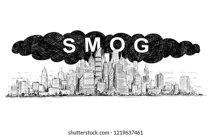 Vector artistic pen and ink drawing illustration of high rise building and smog covering the city by air pollution.