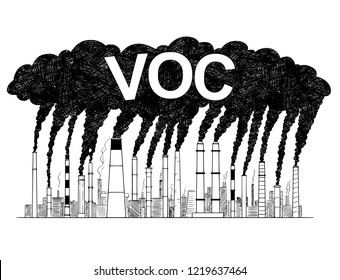 Vector artistic pen and ink drawing illustration of smoke coming from industry or factory smokestacks or chimneys into air. Environmental concept of air pollution and VOC or volatile organic compound