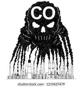 Vector artistic pen and ink drawing illustration of smoke coming from industry or factory smokestacks or chimneys creating human skull shape in air. Environmental concept of toxic and deadly carbon