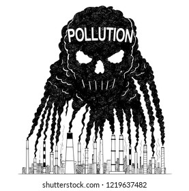 Vector artistic pen and ink drawing illustration of smoke coming from industry or factory smokestacks or chimneys creating human skull shape into air. Environmental concept of toxic and deadly smog