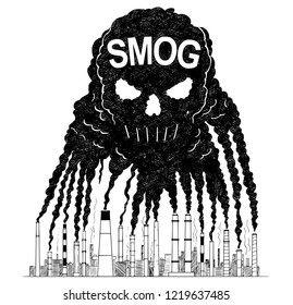 Vector artistic pen and ink drawing illustration of smoke coming from industry or factory smokestacks or chimneys creating human skull shape into air. Environmental concept of toxic and deadly smog