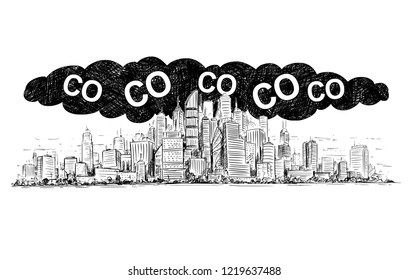 Vector artistic pen and ink drawing illustration of high rise building and smog covering the city. Environmental concept of toxic and deadly carbon dioxide or CO2 air pollution.