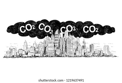 Vector artistic pen and ink drawing illustration of high rise building and smog covering the city. Environmental concept of toxic and deadly carbon dioxide or CO2 air pollution.