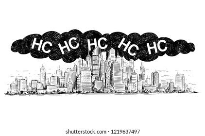 Vector artistic pen and ink drawing illustration of high rise building and smog covering the city. Environmental concept of toxic HC or hydrocarbon air pollution.