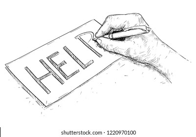 Vector artistic pen and ink drawing illustration of hand writing word help on piece of paper.