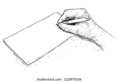 Vector artistic pen and ink drawing illustration of hand writing on empty or blank piece of paper.