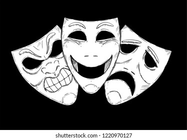 Vector artistic pen and ink drawing illustration of angry, happy and sad comedy mask on black background.