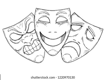 Vector artistic pen and ink drawing illustration of angry, happy and sad comedy mask.