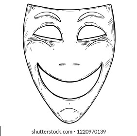 Vector artistic pen and ink drawing illustration of happy smiling comedy mask.