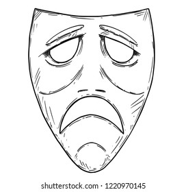 Vector artistic pen and ink drawing illustration of sad comedy mask.