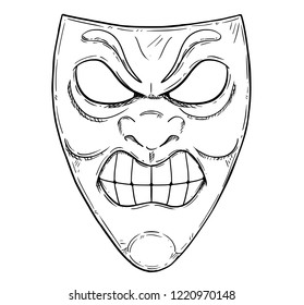 Vector artistic pen and ink drawing illustration of angry or aggressive comedy mask.