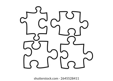 Caneta artística vetorial e desenho a tinta ilustração de quatro peças de quebra-cabeça. Conceito empresarial de trabalho em equipe, cooperação e solução de problemas. Ilustração vetorial
