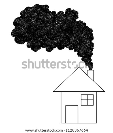 Vector artistic pen and ink drawing illustration of smoke coming from house chimney into air. Environmental concept of pollution.