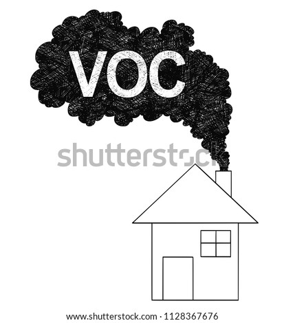 Vector artistic pen and ink drawing illustration of smoke coming from house chimney into air. Environmental concept of VOC or volatile organic compound pollution.