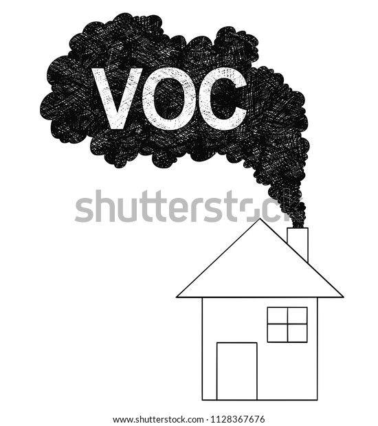 Vector artistic pen and ink\
drawing illustration of smoke coming from house chimney into air.\
Environmental concept of VOC or volatile organic compound\
pollution.