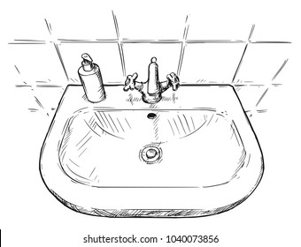Vector artistic pen and ink hand drawing illustration of sink in bathroom.