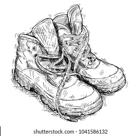 Vector Artistic Pen And Ink Hand Drawing Illustration Of Pair Of Worn Hiking Boots.