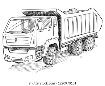 Vector artistic pen and ink sketch drawing illustration of Dump Truck