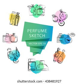 Vector artistic perfume sketch isolated on white background. ink drawn. Art colorful design paint drop, spot concept for package, illustration, perfume shop, card, logo, icon, fashion magazine.