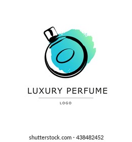Vector artistic perfume sketch logo isolated on white background. ink drawn. Art gradient design paint drop, spot template for business card, illustration, perfume shop, label, icon, fashion magazine.