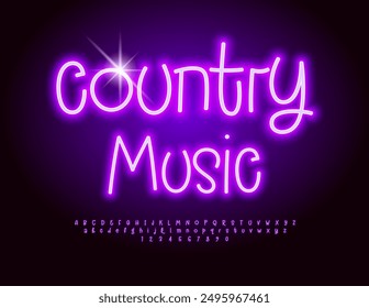 Vector artistic poster Country Music. Funny Neon Font. Glowing Playful Alphabet Letters and Numbers set.