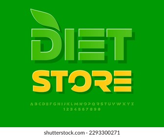 Cartel artístico vectorial tienda de dietas.  Tipo de letra único del sticker. Letras y números de alfabetos verdes creativos