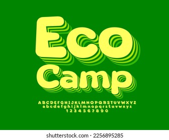 Vector artistic Poster Eco Camp. Modern creative Font. Bright layered Alphabet Letters and Numbers