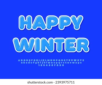 Vector artistic poster Happy Winter. Blue Glossy Font. Modern artistic  Alphabet Letters and Numbers set. 