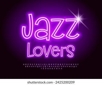 Vector artistic poster Jazz Lovers. Purple Neon Font. Led Illuminated Alphabet Letters and Numbers set