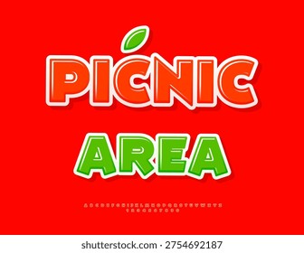 Vector Artistic poster Picnic Area. Glossy Red Font. Funky Alphabet Letters and Numbers set.
