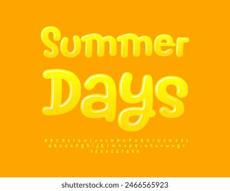 Vector artistic poster Summer Days. Sunny Yellow Font for Children. Funny Glossy Alphabet Letters and Numbers set.