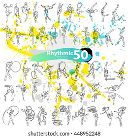 Vector artistic Rhythmic Gymnastic sketch collection. Hand drawn stroke outline, sketching for graphic design, poster, banner, flayer, billboard, placard, competition. Art grange style illustration.