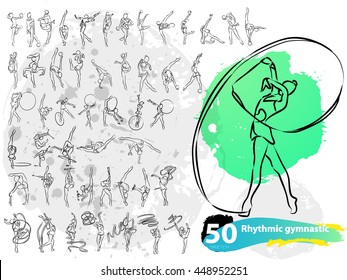 Vector artistic Rhythmic Gymnastic sketch collection. Hand drawn stroke outline, sketching for graphic design, poster, banner, flayer, billboard, placard, competition. Art grange style illustration.