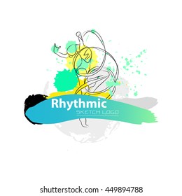 Vector artistic Rhythmic Gymnastic sketch logo. Hand drawn brush stroke paint drops, spot, sketching for graphic design, poster, banner, flayer, billboard, placard, card, competition.Art grange style.