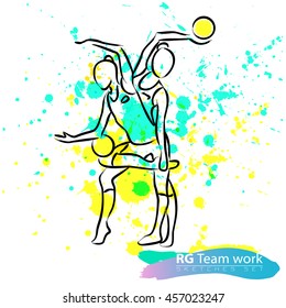 Vector artistic Rhythmic Gymnastic team sketch set. Hand drawn brush stroke paint drops, spot, sketching for graphic design, poster, banner, flayer, billboard, placard, card, competition. Ink style.