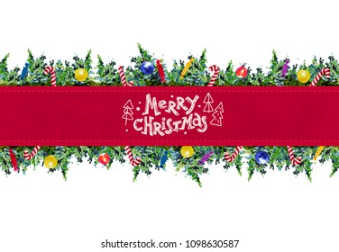 Vector artistic seamless package design for New Year and Merry Christmas presents & stuff decoration with watercolor art fir tree, bow, sweets, lollipop, lettering isolated on white background. 
