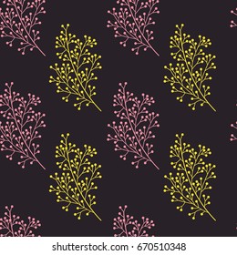 Vector artistic seamless pattern in scandinavian style. Isolated twigs and berries. Simple nordic illustration. Use for fabric design, poster, placard, wrapping paper, invitation, home decor.