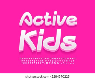 Vector artistic sign Active Kids. Creative 3D Font. White set of trendy Alphabet Letters, Numbers and Symbols