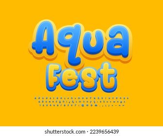 Cartel artístico vectorial Aqua Fest. Fuente azul y amarilla. Graciosas letras y números de alfabeto