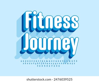 Vector signo artístico Fitness Journey. Fuente 3D brillante con azul azul. Conjunto de letras y números de alfabeto moderno.