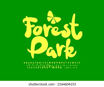 Vector artistic sign Forest Park with decorative Butterfly. Simple style Font. Creative Alphabet Letters, Numbers and Symbols set