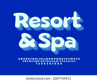 Vector artistic Sign Resort and Spa. Blue Alphabet Letters and Numbers set. Modern bright Font.