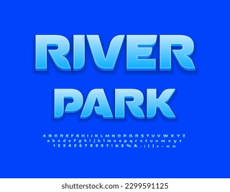 Parque vectorial artístico Sign River. Elegante fuente azul. Juego de letras y números de alfabeto 3D modernos