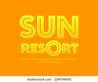 Vector artistic Sign Sun Resort. Glossy Yellow Font. Modern creative Alphabet Letters and Numbers